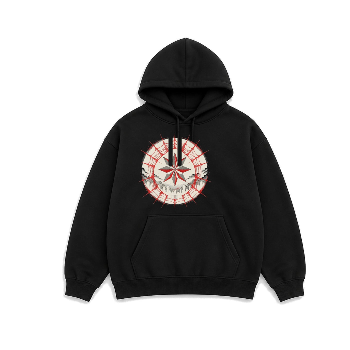 Örümcek Ağı Arması baskılı siyah kapüşonlu sweatshirt