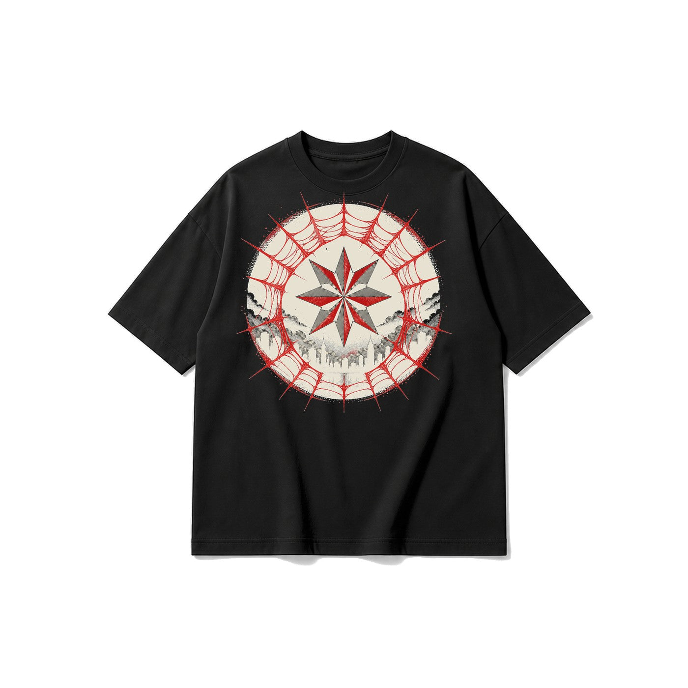 Örümcek Ağı Arması baskılı siyah t-shirt