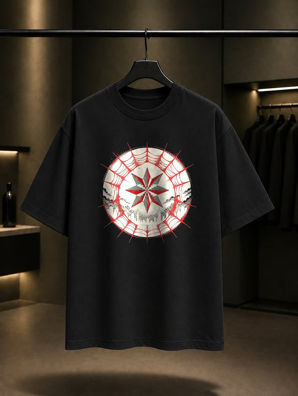 Örümcek Ağı Arması baskılı siyah t-shirt
