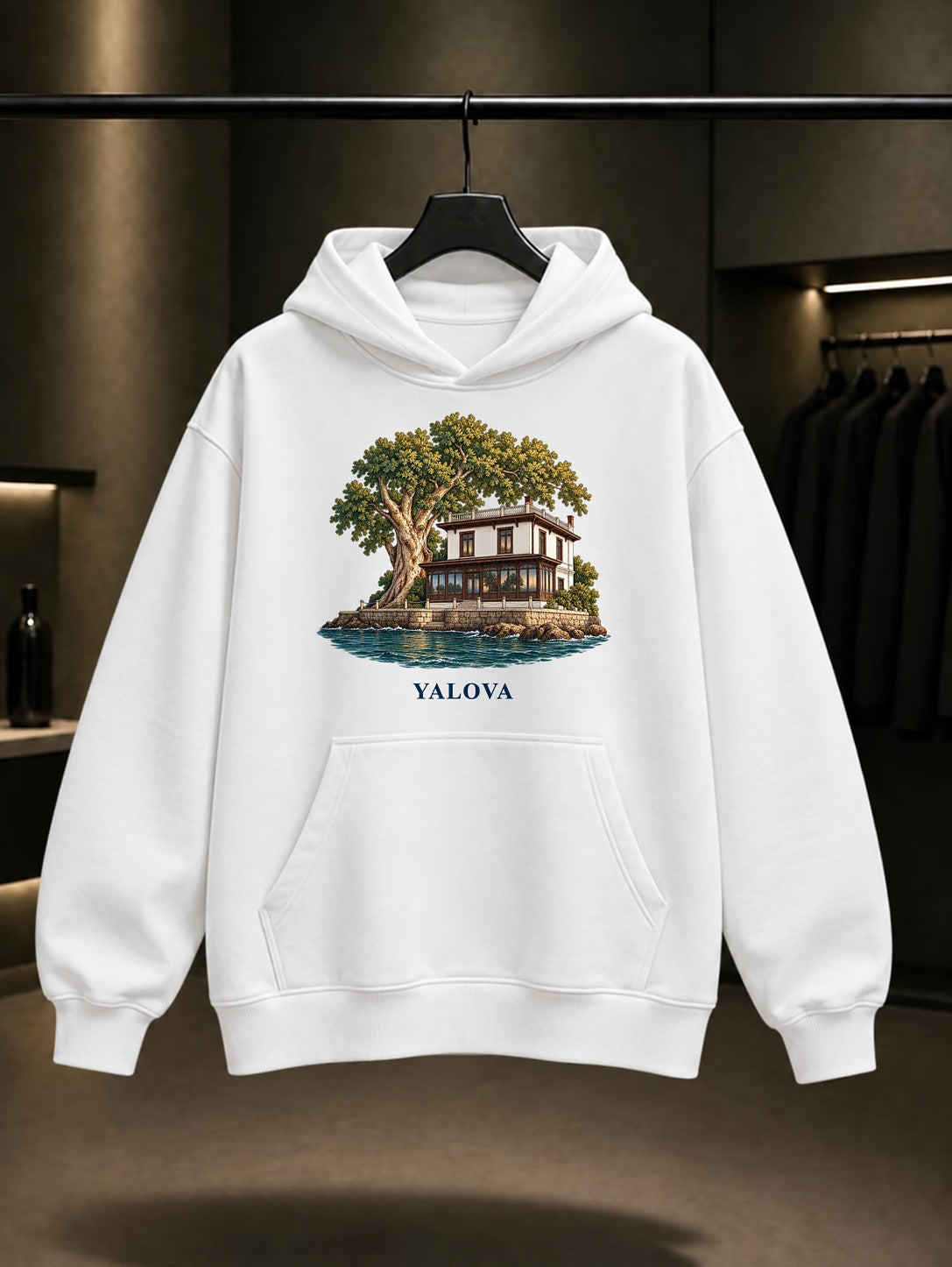 Yalova Yürüyen Köşk baskılı beyaz kapüşonlu sweatshirt