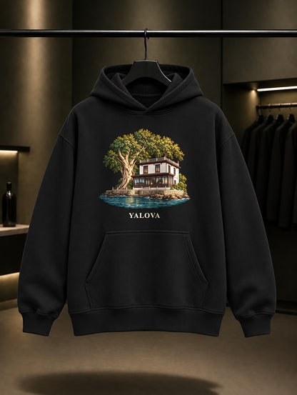 Yalova Yürüyen Köşk baskılı siyah kapüşonlu sweatshirt