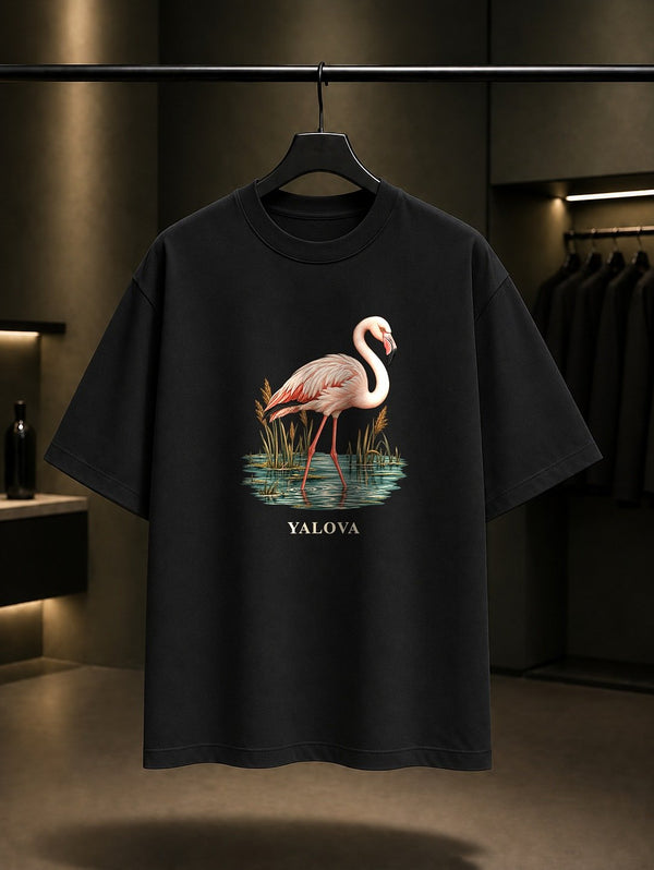 Yalova Hersek Flamingo baskılı siyah t-shirt