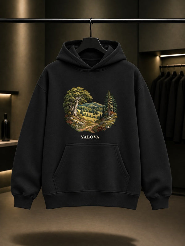 Yalova Delmece baskılı siyah kapüşonlu sweatshirt