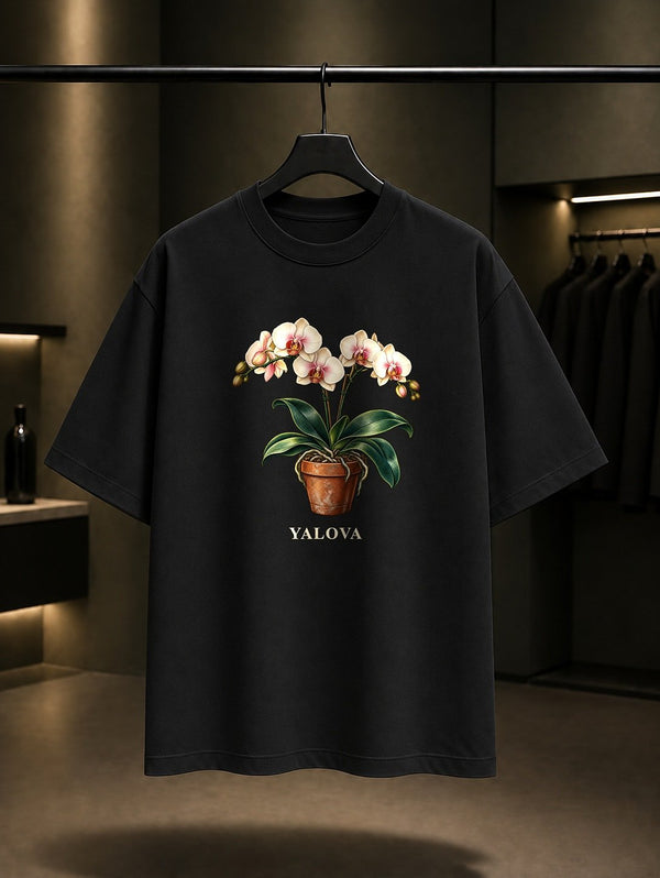 Yalova Orkide baskılı siyah t-shirt