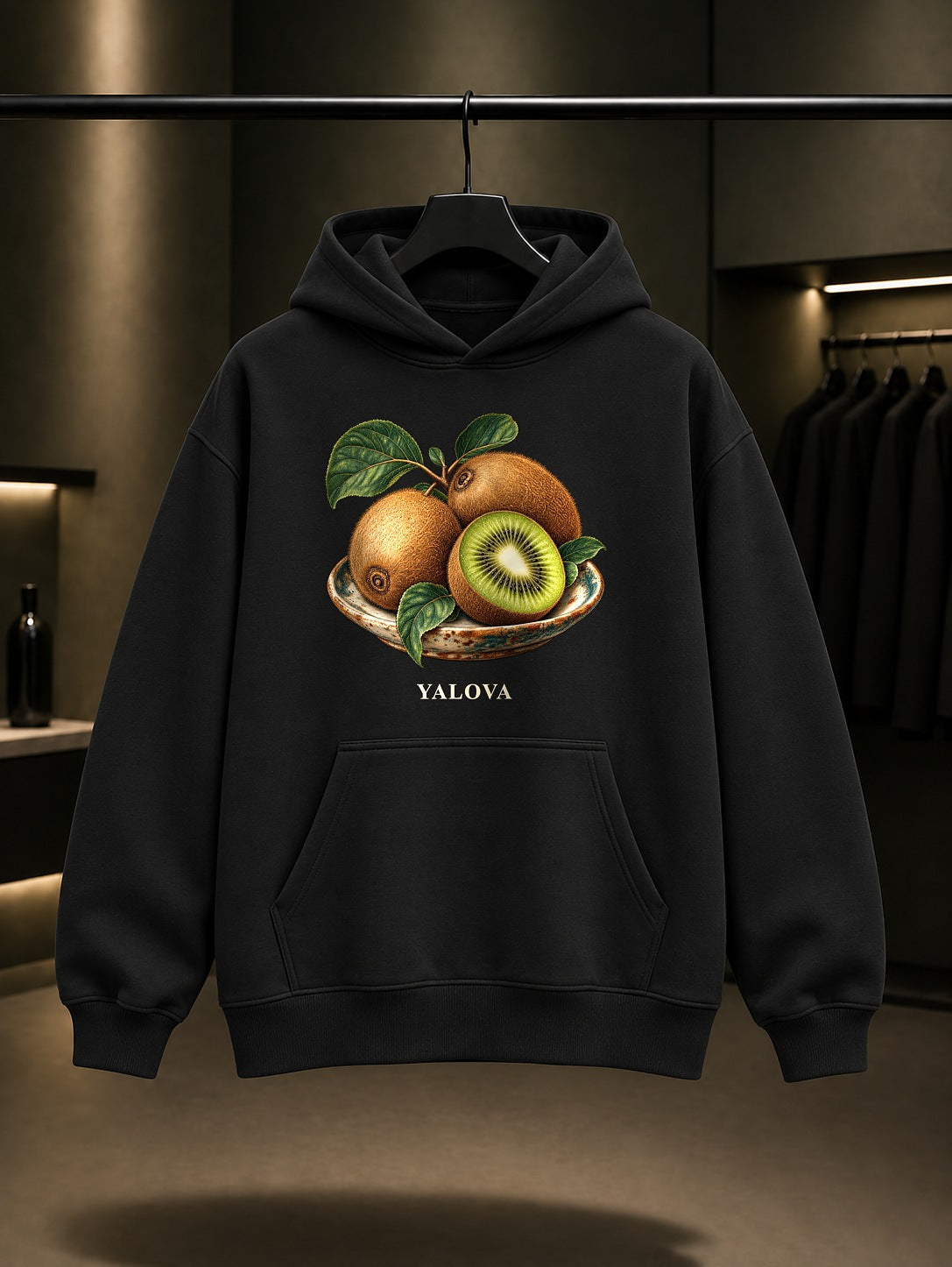 Yalova Kivisi baskılı siyah kapüşonlu sweatshirt