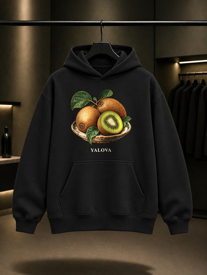 Yalova Kivisi baskılı siyah kapüşonlu sweatshirt