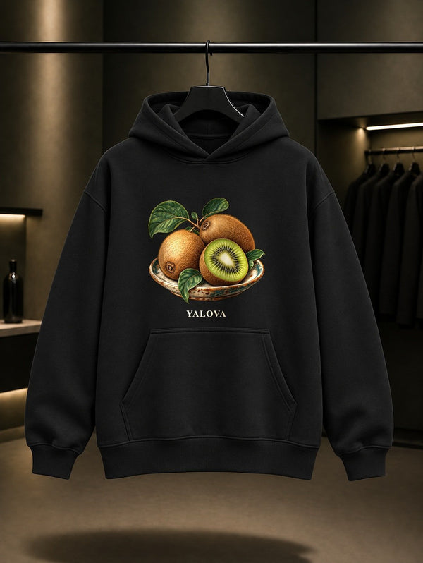 Yalova Kivisi baskılı siyah kapüşonlu sweatshirt