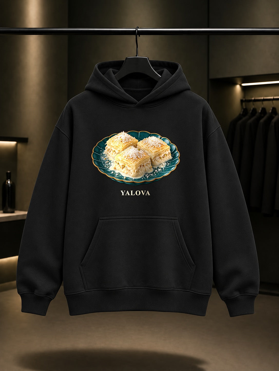 Yalova Sütlüsü baskılı siyah kapüşonlu sweatshirt