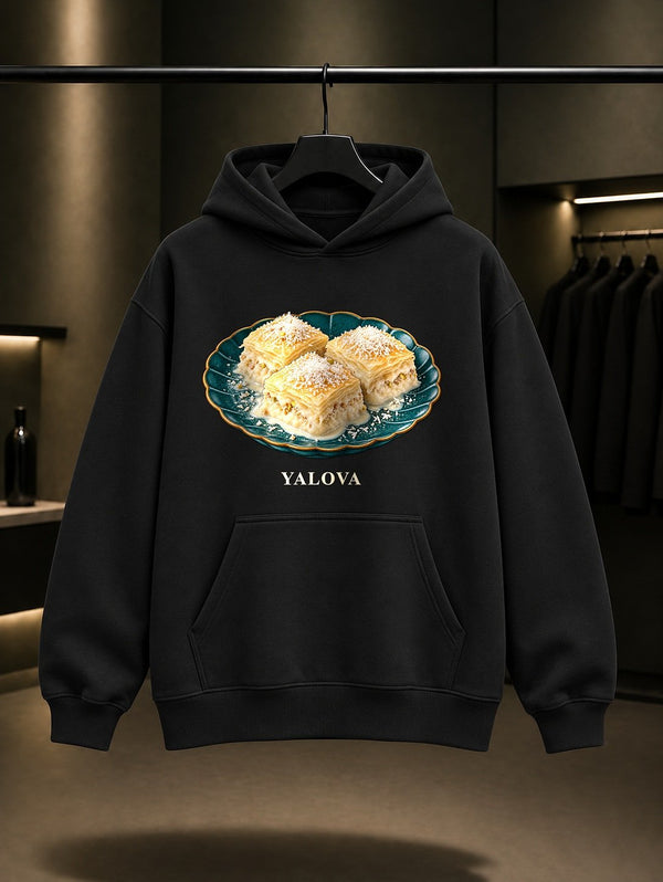 Yalova Sütlüsü baskılı siyah kapüşonlu sweatshirt