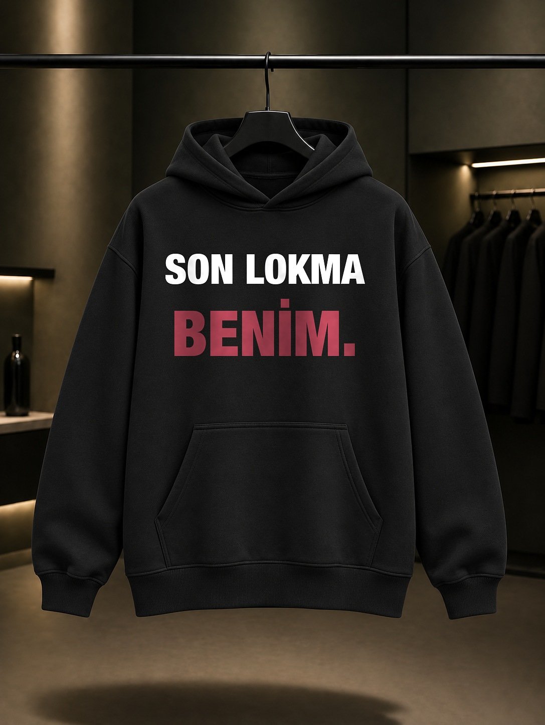 Son Lokma Benim Yazılı Baskılı Unisex %100 Pamuk Kapüşonlu Sweatshirt — Siyah
