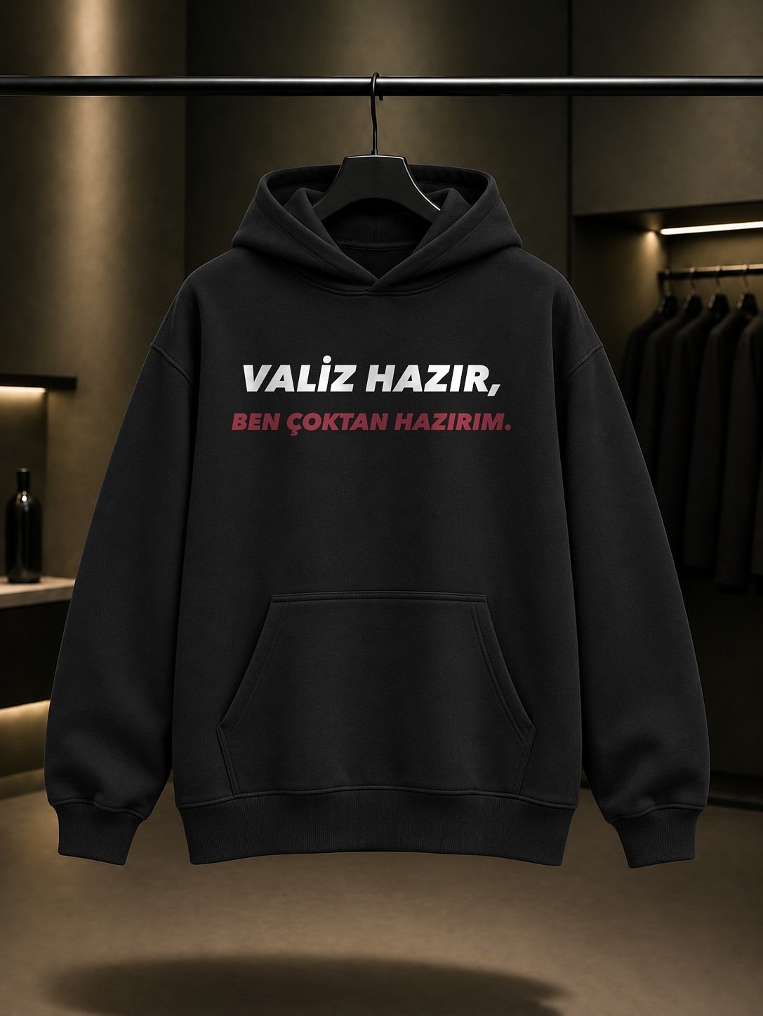 Valiz Hazır, Ben Çoktan Hazırım Yazılı Baskılı Unisex %100 Pamuk Kapüşonlu Sweatshirt — Siyah