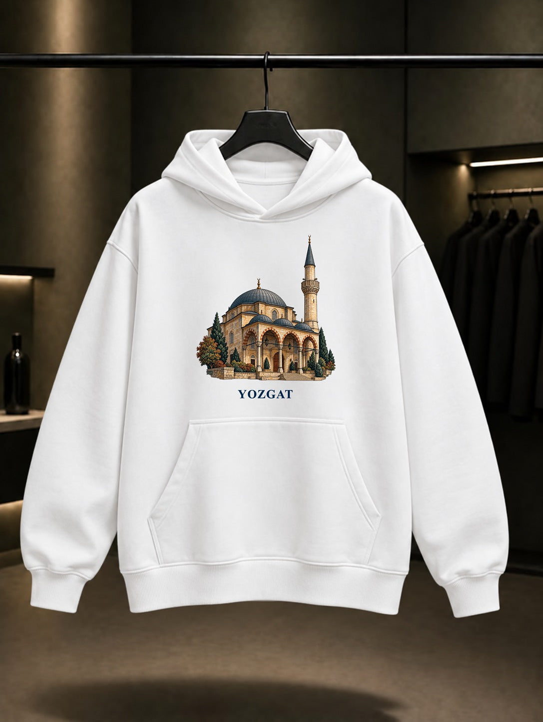 Yozgat Çapanoğlu Camii baskılı beyaz kapüşonlu sweatshirt