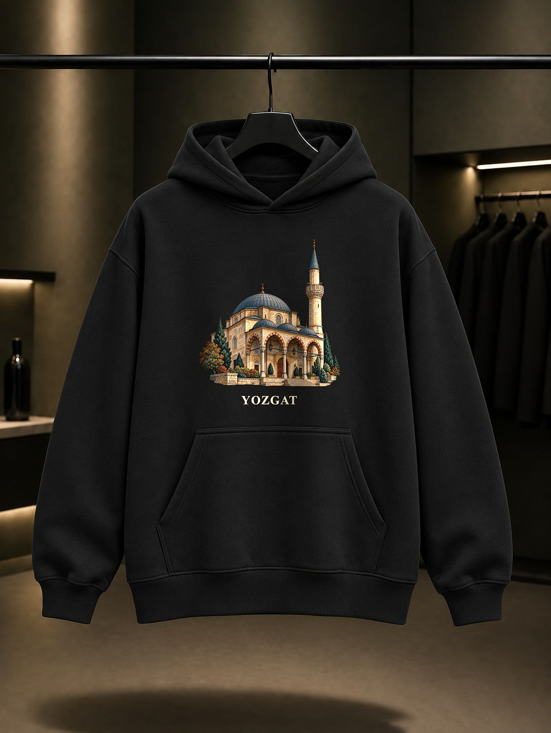 Yozgat Çapanoğlu Camii baskılı siyah kapüşonlu sweatshirt