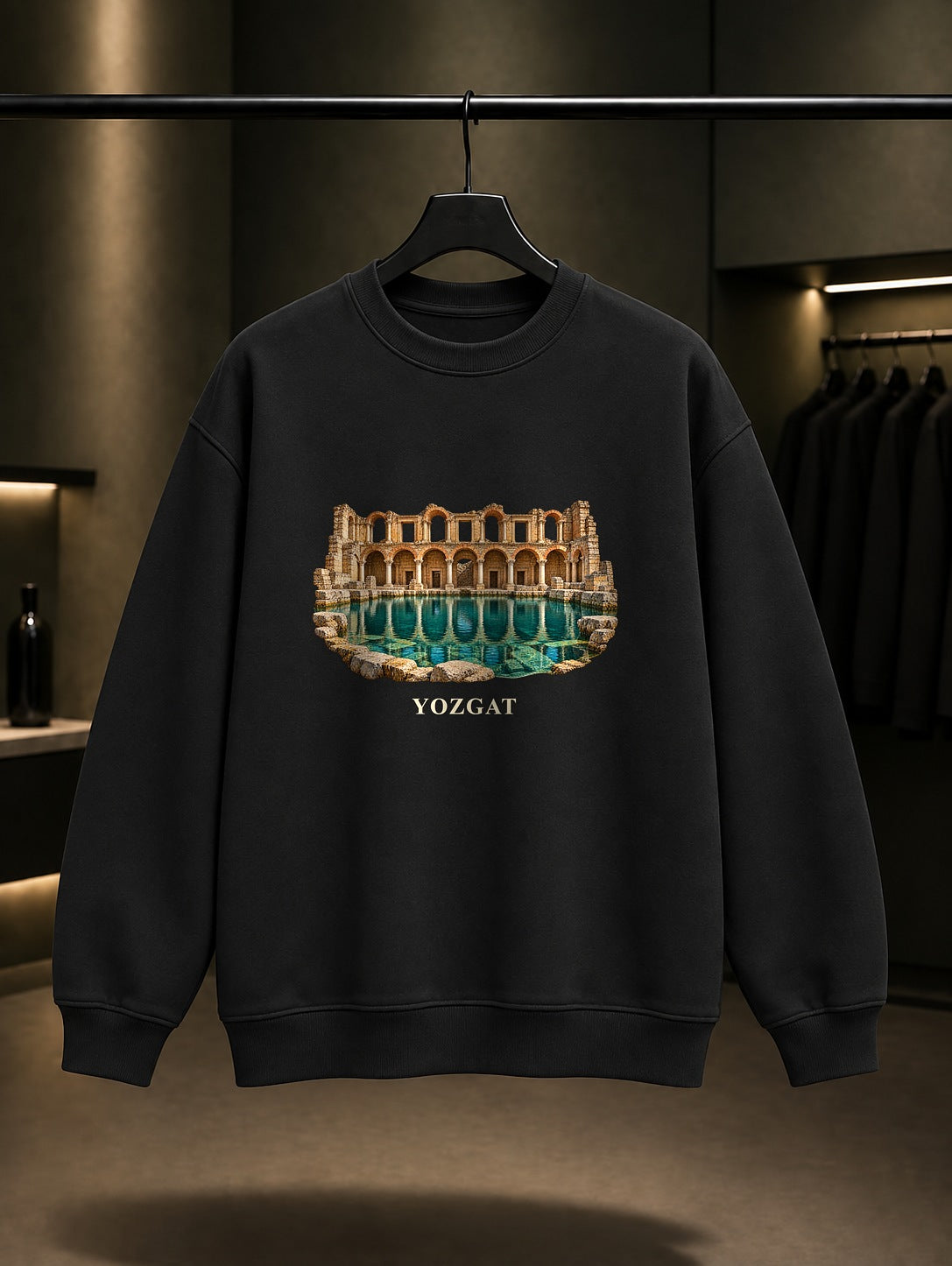 Yozgat Sarıkaya Roma Hamamı baskılı siyah sweatshirt