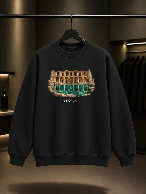 Yozgat Sarıkaya Roma Hamamı baskılı siyah sweatshirt