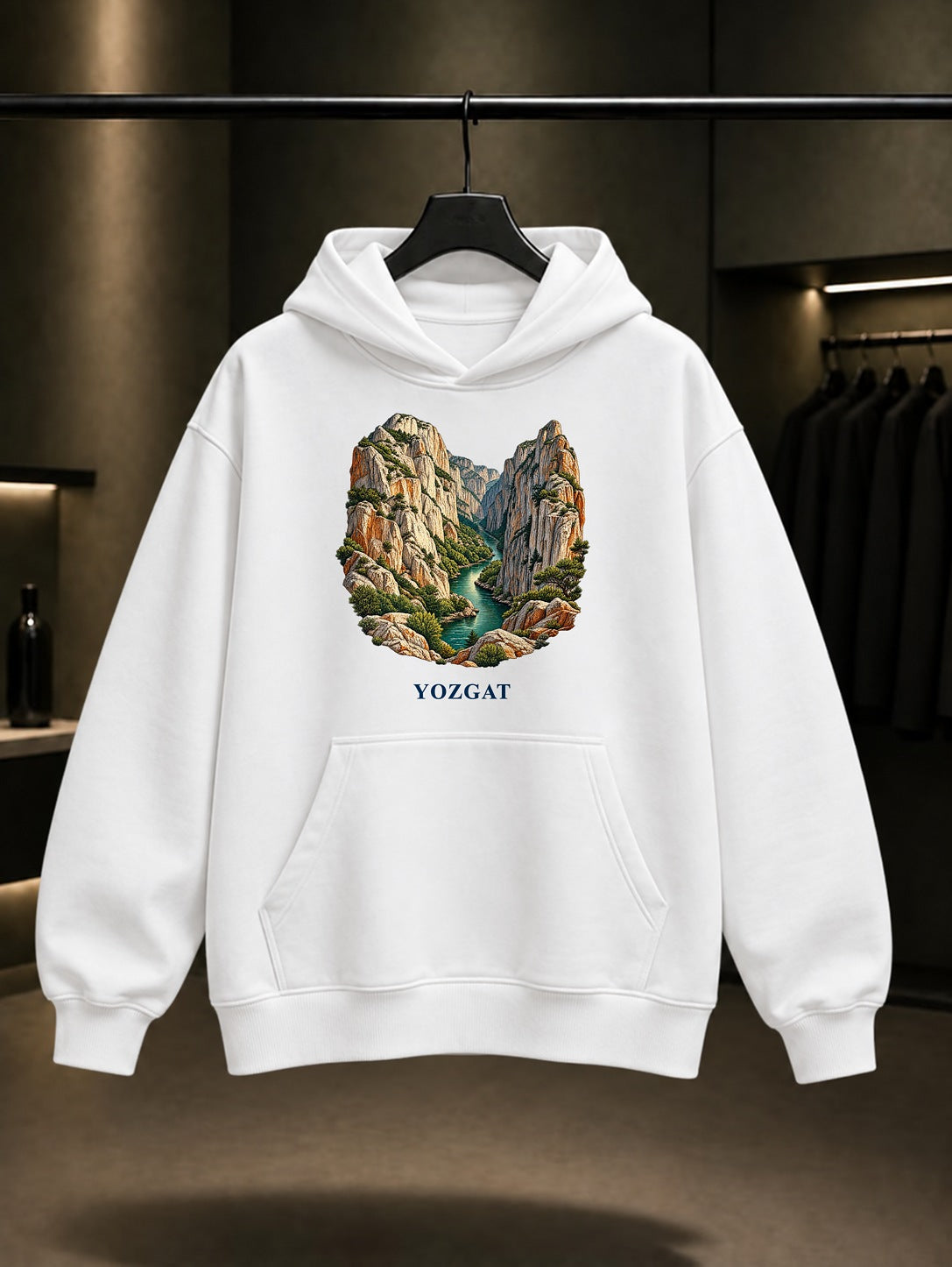 Yozgat Kazankaya Kanyonu baskılı beyaz kapüşonlu sweatshirt
