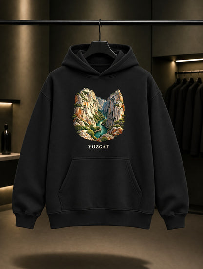 Yozgat Kazankaya Kanyonu baskılı siyah kapüşonlu sweatshirt