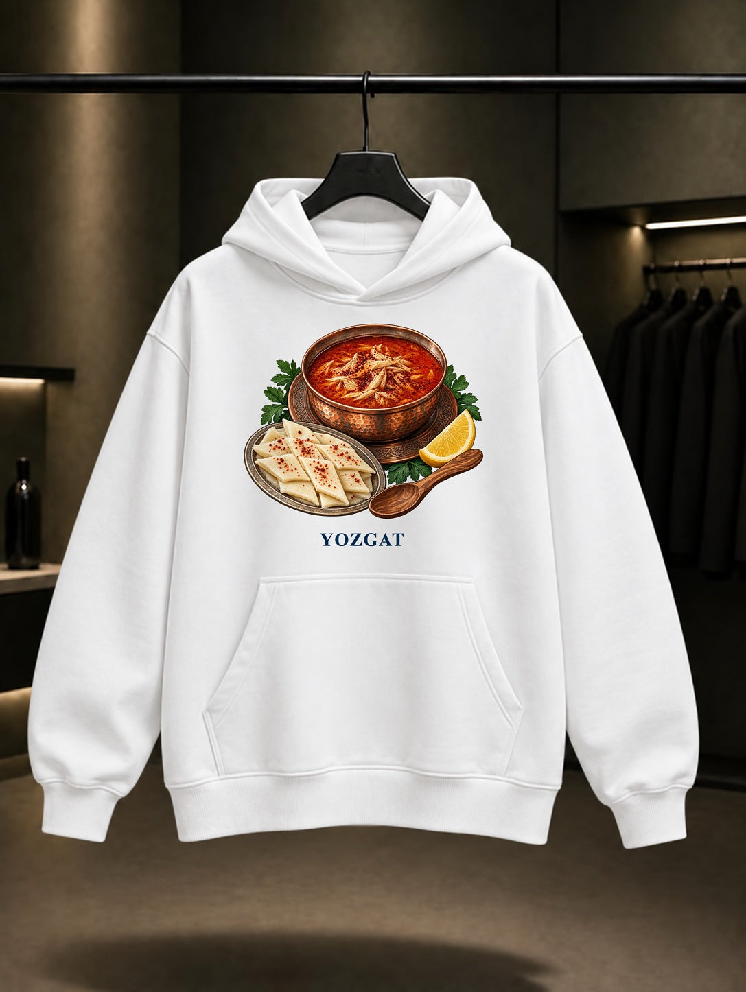 Yozgat Arabası baskılı beyaz kapüşonlu sweatshirt