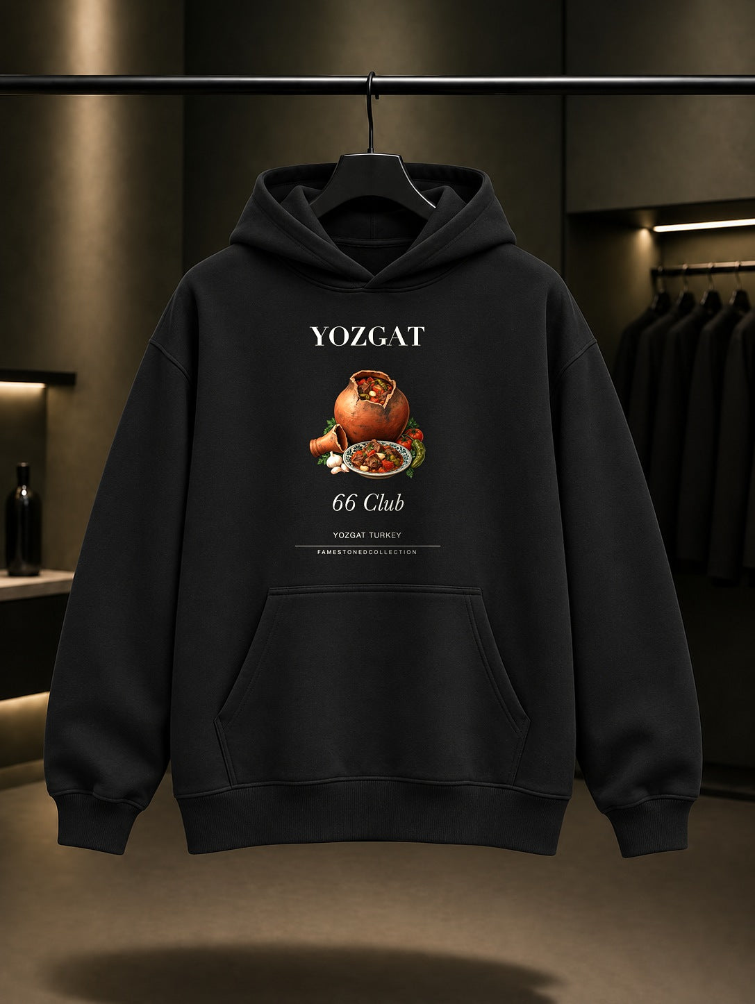 Yozgat Testi Kebabı 66 Club baskılı siyah kapüşonlu sweatshirt