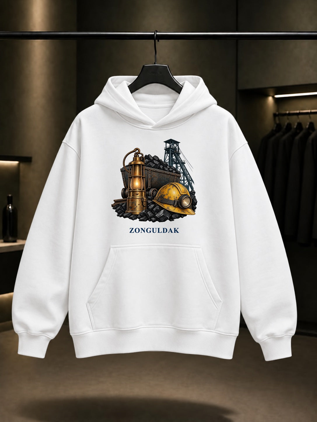 Zonguldak Maden Mirası baskılı beyaz kapüşonlu sweatshirt