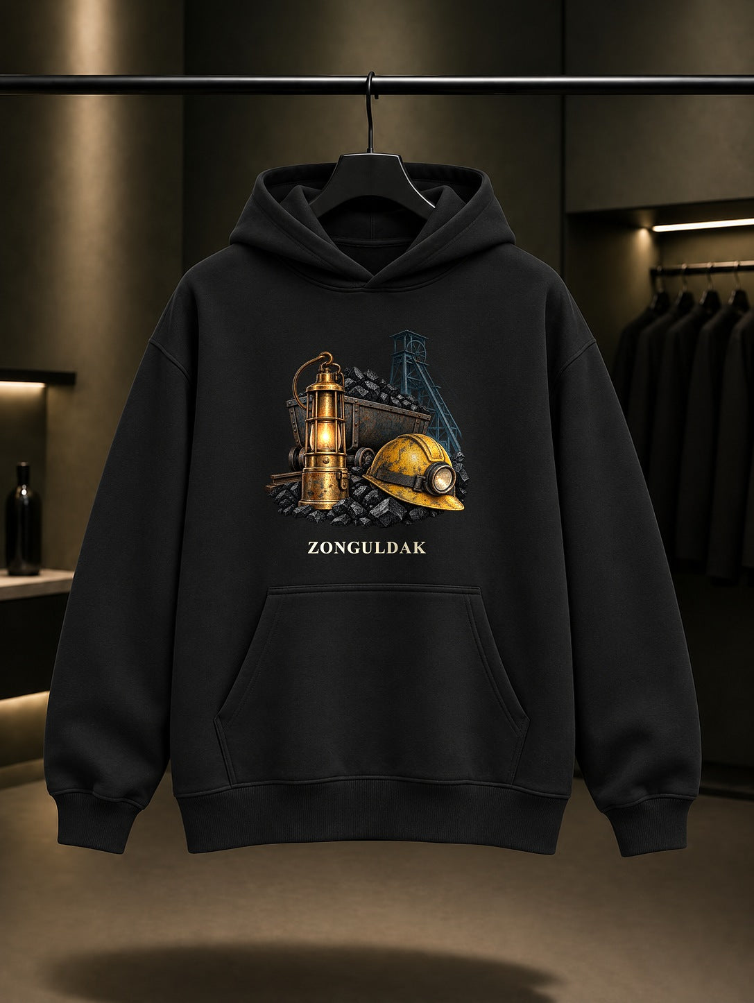 Zonguldak Maden Mirası baskılı siyah kapüşonlu sweatshirt