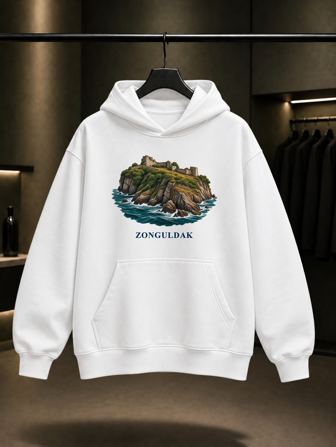Zonguldak Filyos Kalesi baskılı beyaz kapüşonlu sweatshirt