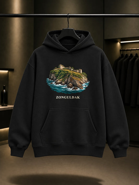 Zonguldak Filyos Kalesi baskılı siyah kapüşonlu sweatshirt