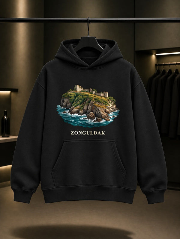 Zonguldak Filyos Kalesi baskılı siyah kapüşonlu sweatshirt