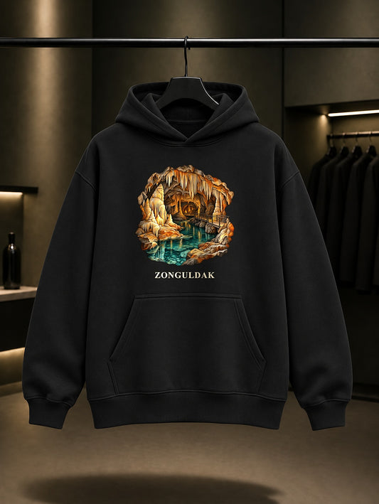 Zonguldak Gökgöl Mağarası baskılı siyah kapüşonlu sweatshirt