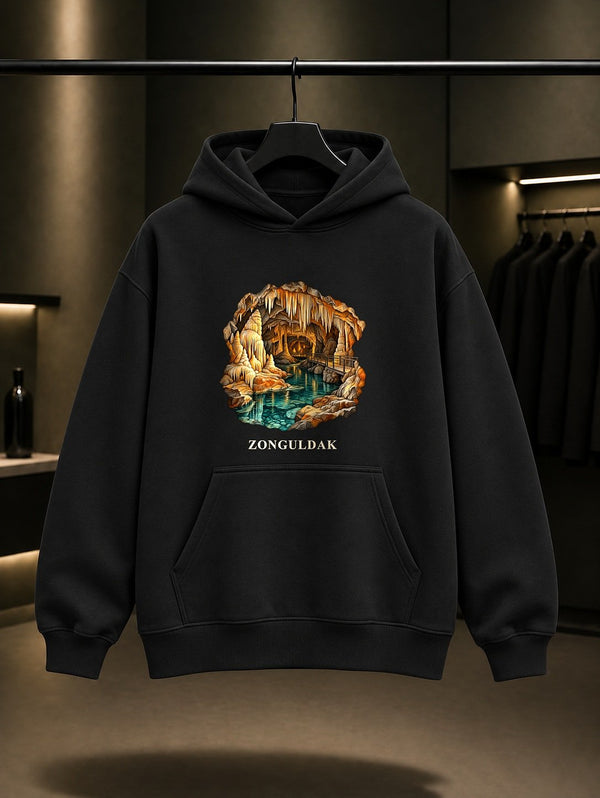 Zonguldak Gökgöl Mağarası baskılı siyah kapüşonlu sweatshirt