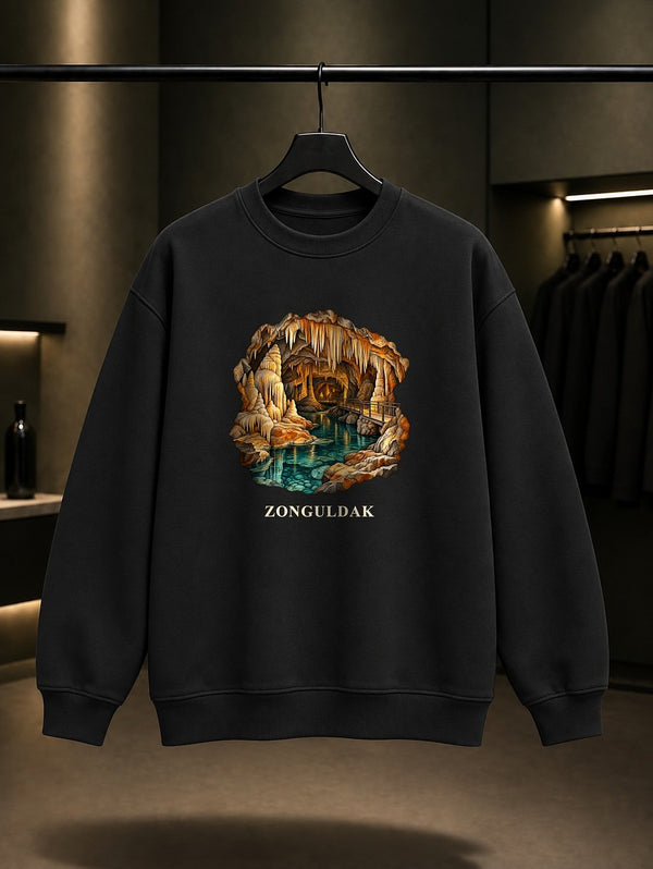 Zonguldak Gökgöl Mağarası baskılı siyah sweatshirt
