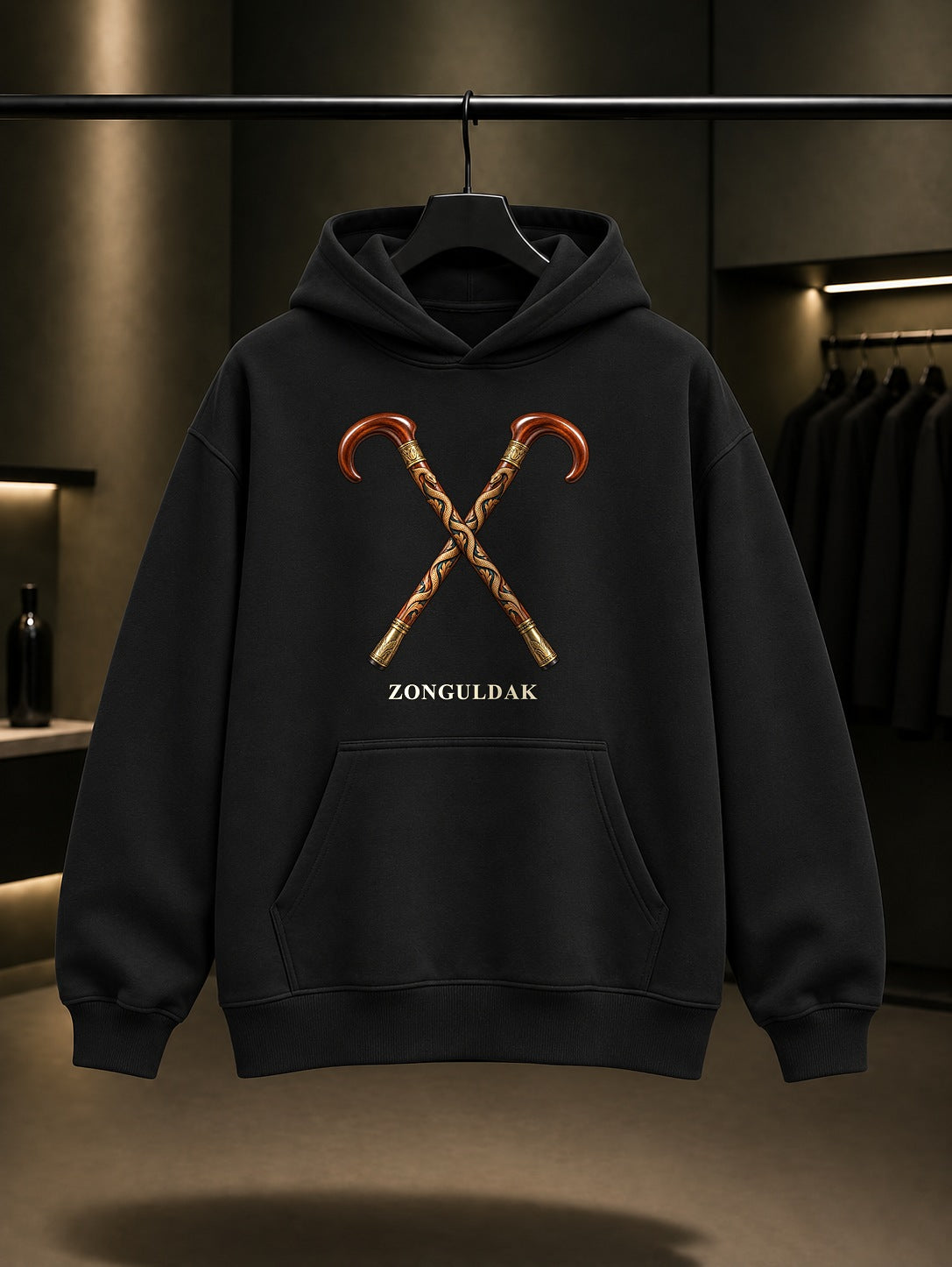 Zonguldak Devrek Bastonu baskılı siyah kapüşonlu sweatshirt