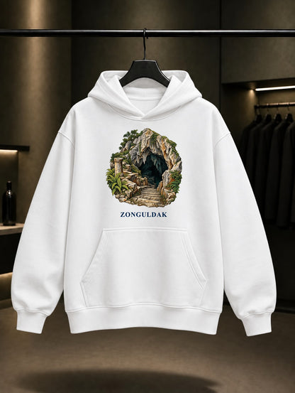 Zonguldak Cehennemağzı baskılı beyaz kapüşonlu sweatshirt