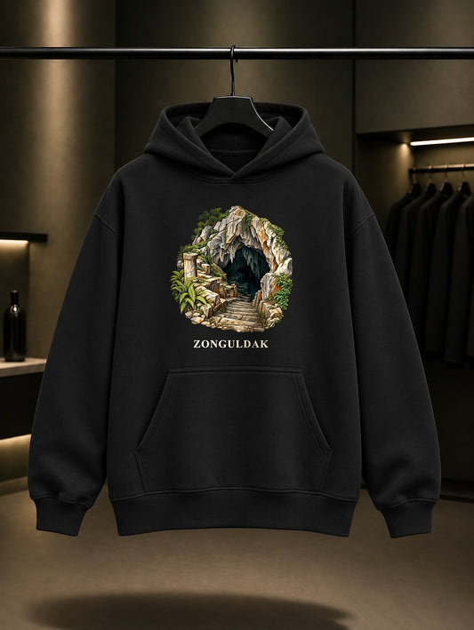 Zonguldak Cehennemağzı baskılı siyah kapüşonlu sweatshirt