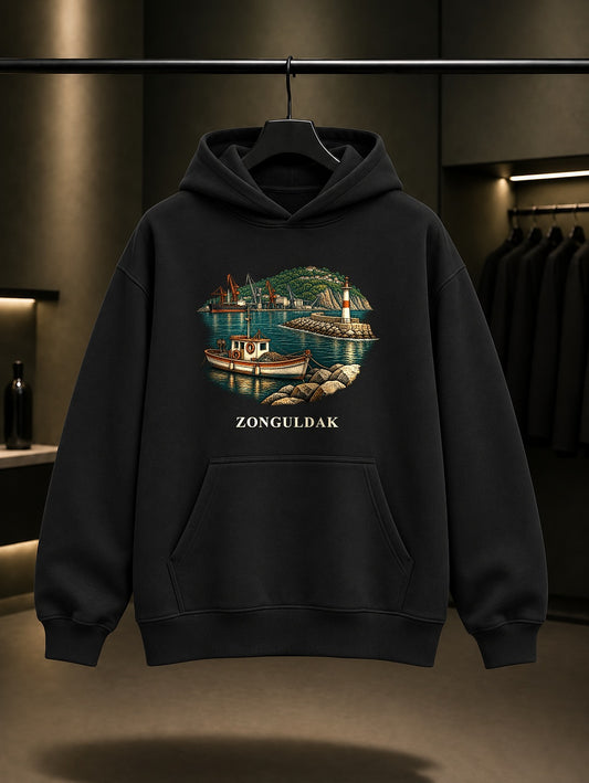 Zonguldak Karadeniz Limanı baskılı siyah kapüşonlu sweatshirt