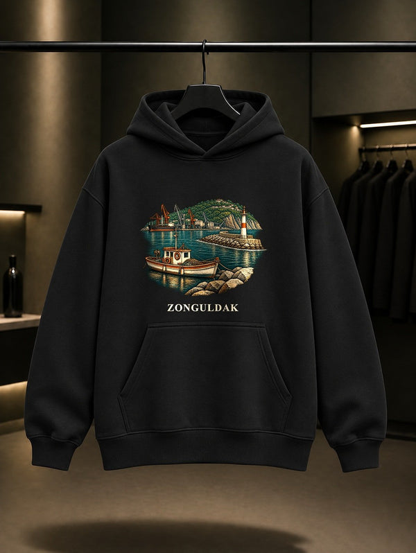 Zonguldak Karadeniz Limanı baskılı siyah kapüşonlu sweatshirt
