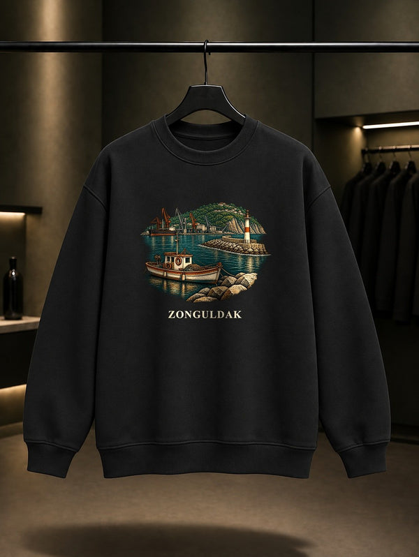 Zonguldak Karadeniz Limanı baskılı siyah sweatshirt