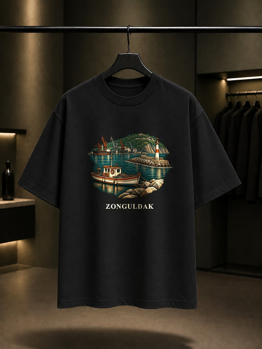 Zonguldak Karadeniz Limanı baskılı siyah t-shirt