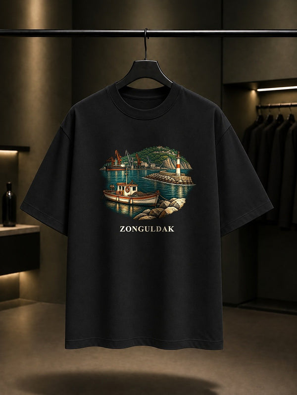 Zonguldak Karadeniz Limanı baskılı siyah t-shirt