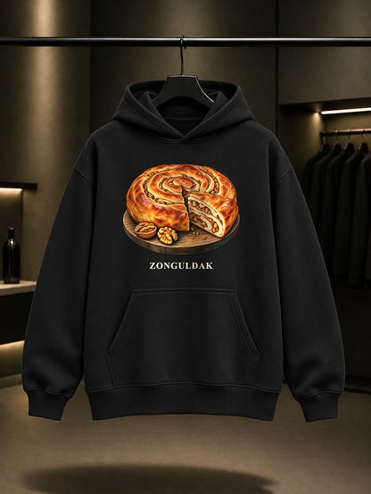 Zonguldak Cevizli Kömeç baskılı siyah kapüşonlu sweatshirt