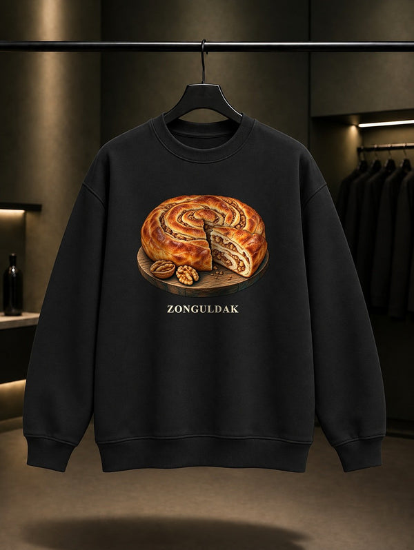 Zonguldak Cevizli Kömeç baskılı siyah sweatshirt