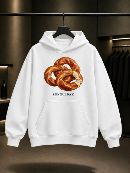 Zonguldak Devrek Simidi baskılı beyaz kapüşonlu sweatshirt