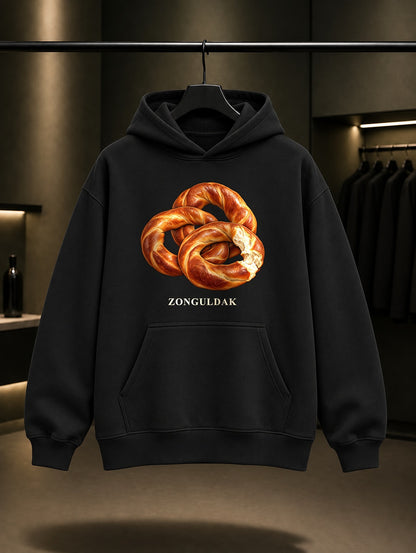 Zonguldak Devrek Simidi baskılı siyah kapüşonlu sweatshirt