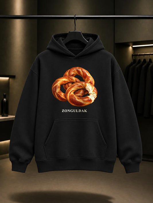 Zonguldak Devrek Simidi baskılı siyah kapüşonlu sweatshirt